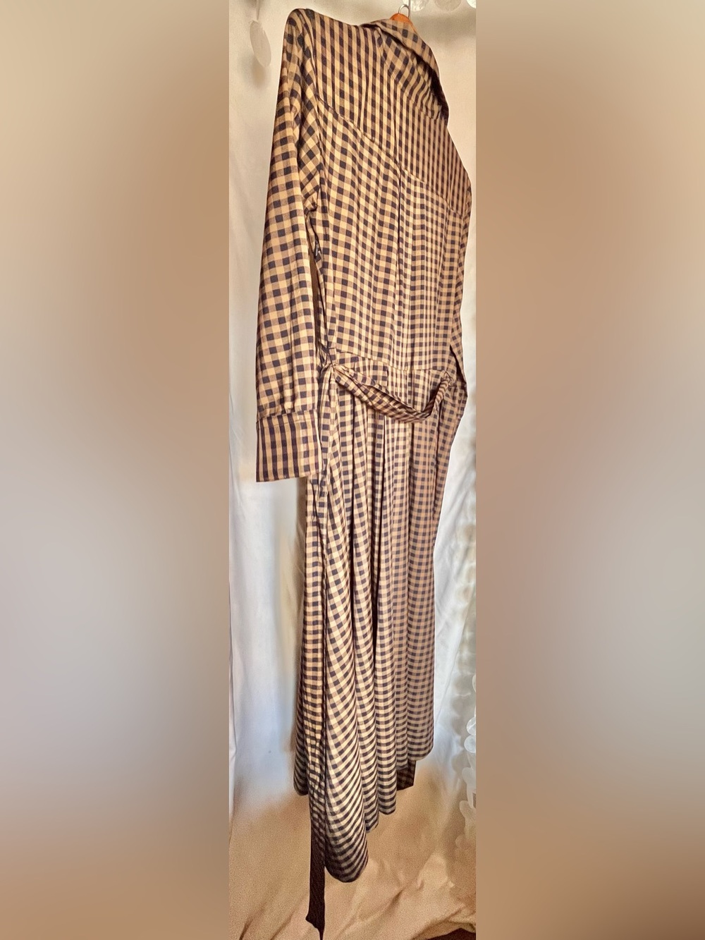 Zara Checkered Poplin Midi Shirt Dress Plaid Long Sleeves Caramel Navy Medium - Picture 10 of 16